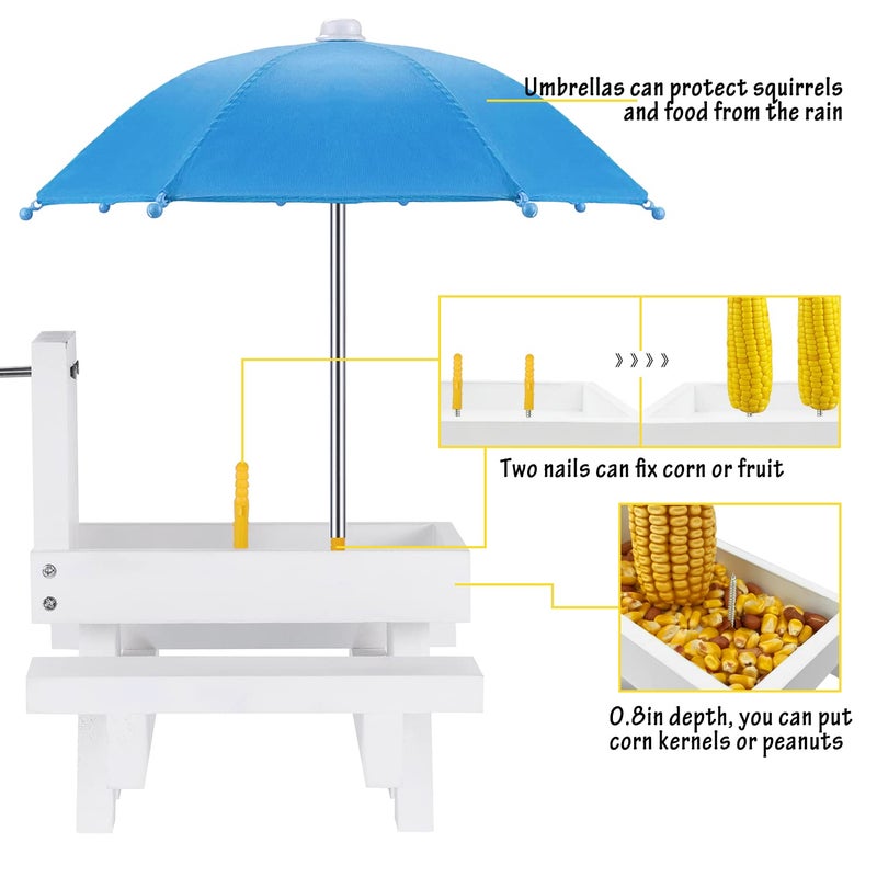 MIXXIDEA Squirrel Feeder Table with Umbrella, Wooden Squirrel Picnic Table Feeder, Durable Squirrel Feeder Corn Cob Holder, with Solid Structure and 2 x Thick Benches(White&Blue) - Image 3